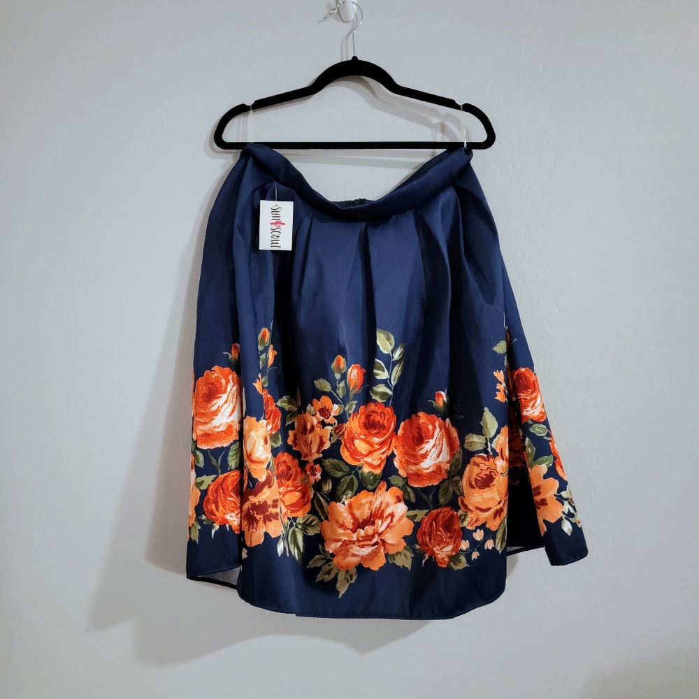 NWT Navy Floral A Line Tea Length Skirt